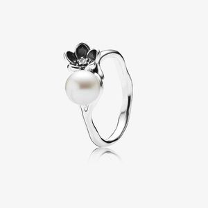 Pandora Pearl and Black Enamel Flower Ring